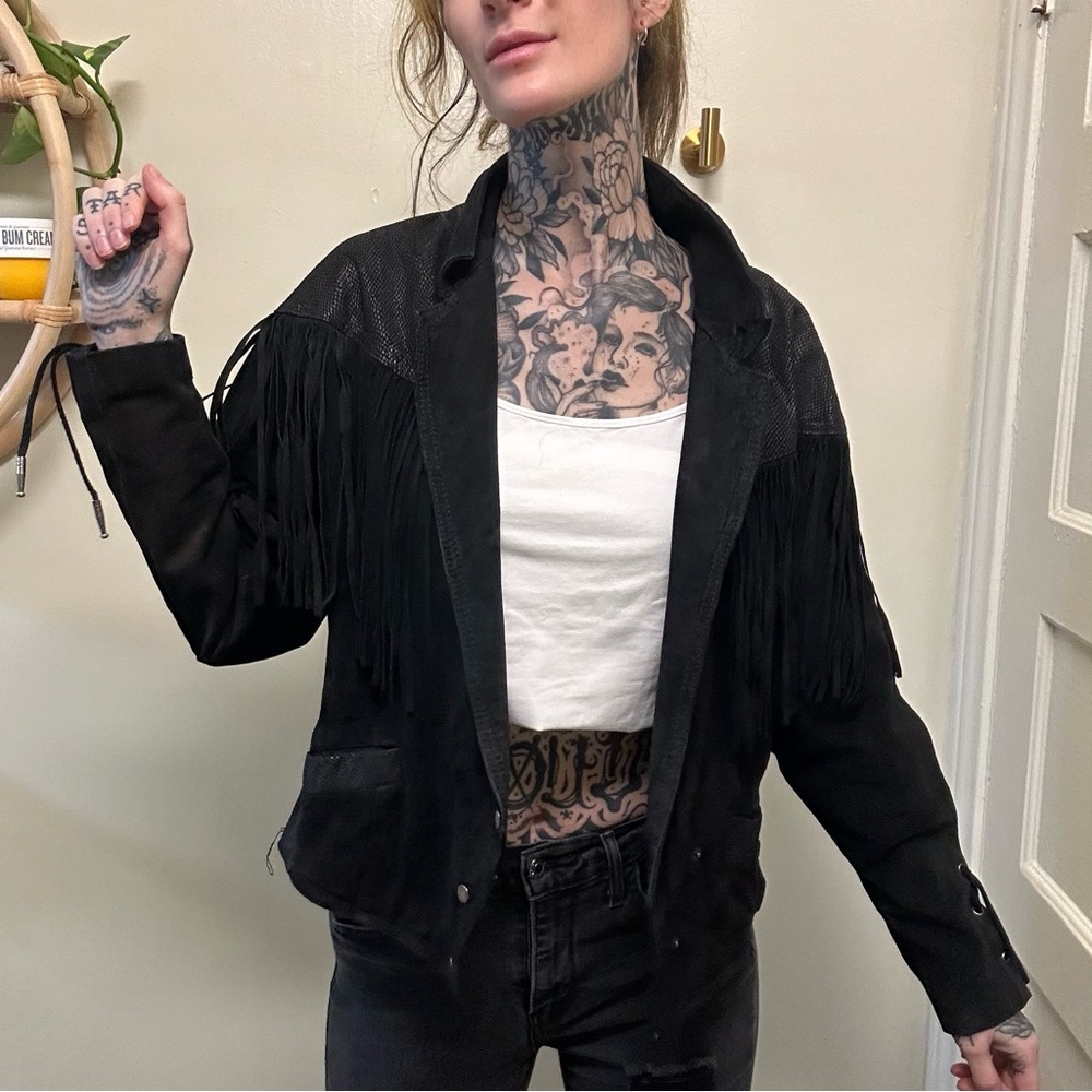 Vintage Black Real Leather Fringe Jacket Adjustable Size L